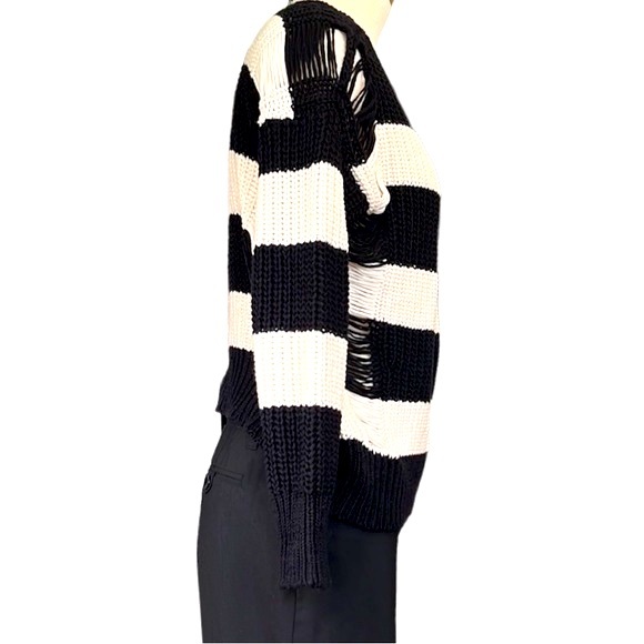 Sandro Stripe Distressed Knit Sweater, Black & Cream,  size EU 2/Med, US 4-6 - Picture 11 of 16